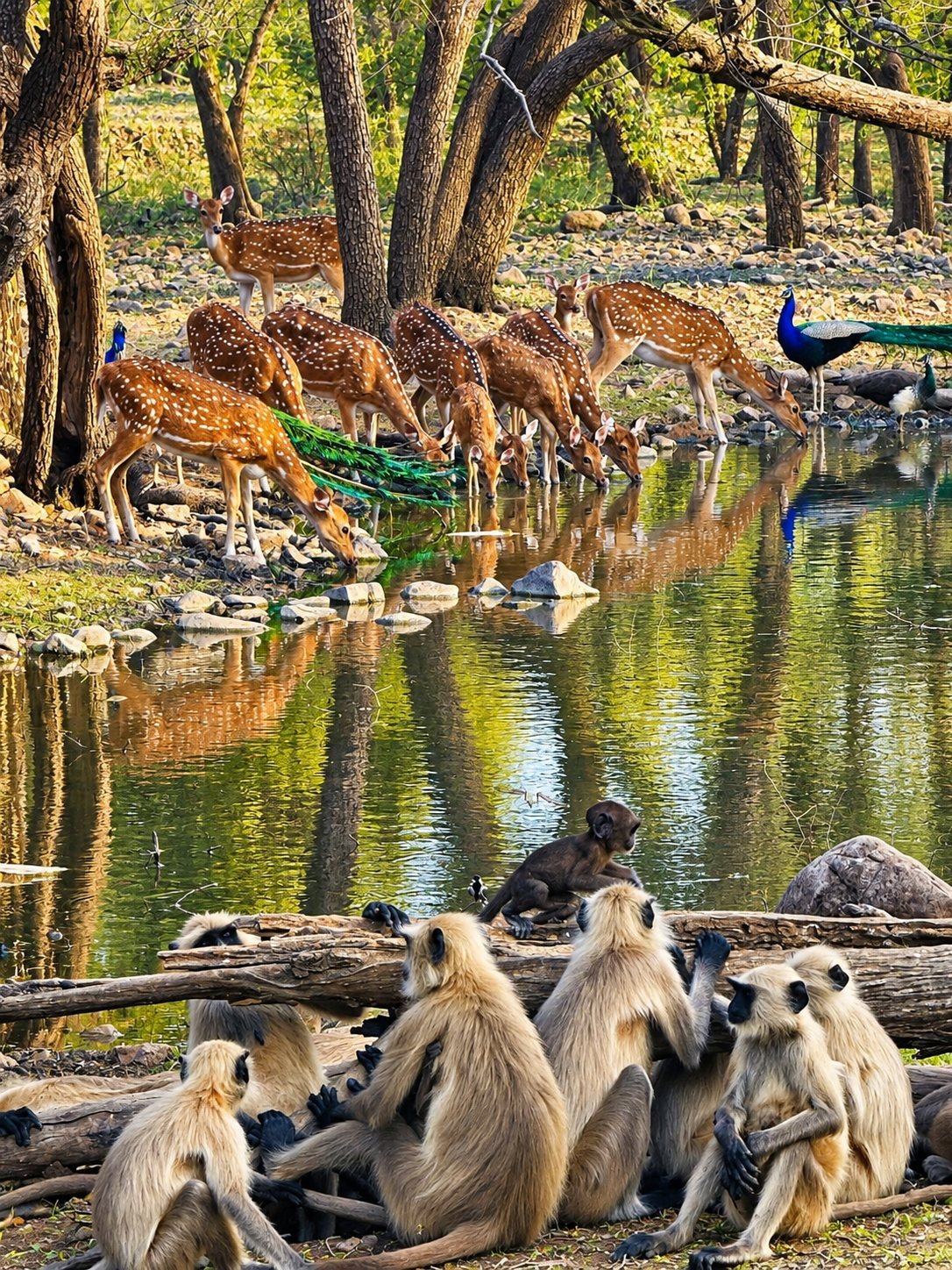 Spotted deer and langurs at a forest waterhole